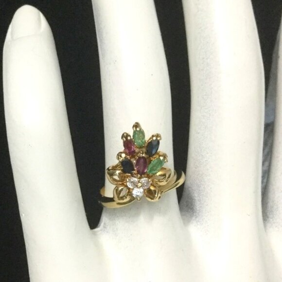 Vintage EDCO Gold Over 925 Multi Gemstone Cocktail Ring 5.5 - Picture 1 of 7